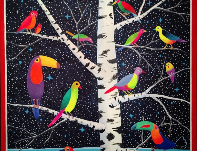 Kaarina Alsta: Maahanmuuttajat (2025, akryyli, 93 x 63 cm)