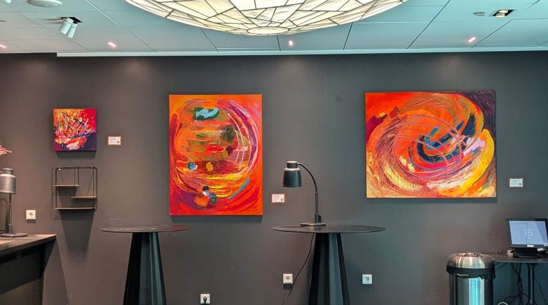 Paintings by Tuulevi Sivunen on display in the collaborative exhibition of the Art Lending office and snack brand Taffel | Photo: Laura Kansanen-Stavale
