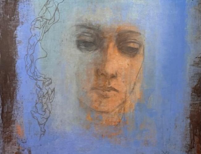 Jaana Heikkinen: Elämänlanka (Lifeline, 2024, acrylic and charcoal on MDF board, 100 x 70 cm)