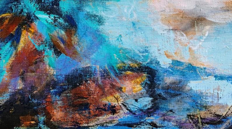 Leena Ristolainen: Whisper (yksityiskohta, 2025, sekatekniikka kankaalle, 60 x 80 cm)