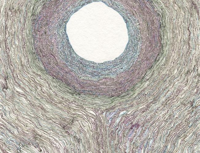 Seppo Alanissi: Mitä lähempää katsoin (The Closer I Looked, 2024, ink on paper, 24 x 17 cm)