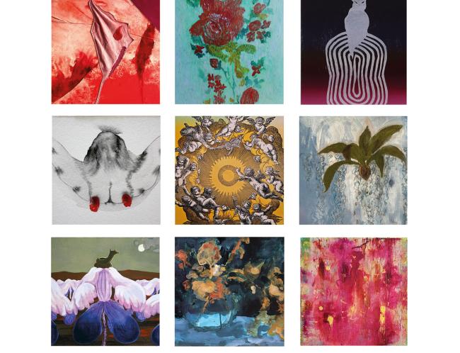 Some of the participating artists with their respective work from top left: Siiri Pohjolainen: Sarjasta Kyyneleet; Hanna Räty: Ruusuryijy; Antti Tanttu: Minervan arvoitus; Tuija Metti: Kukin meistä; Rita Vargas: Air; Krista Kortelainen: Kasvuvoima; Meri Hallenberg: Yötön yö; Terhi Ketolainen: Viimeiset kiusaukset, and Laura Kansanen-Stavale: Punaisen muisti