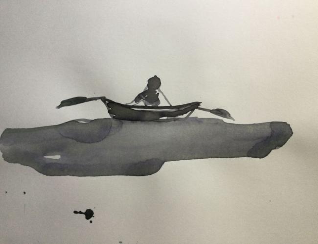 Vinha Jonna: Keinussa (In the Swing, 2021, Indian ink, 20 x 27 cm, framed size 33 x 43 cm)