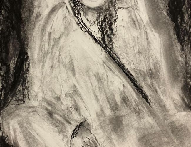 Vinha Jonna: Meditaatio – Valöörimaalaus (Meditation – Value Painting, charcoal on paper, 56 x 76 cm)