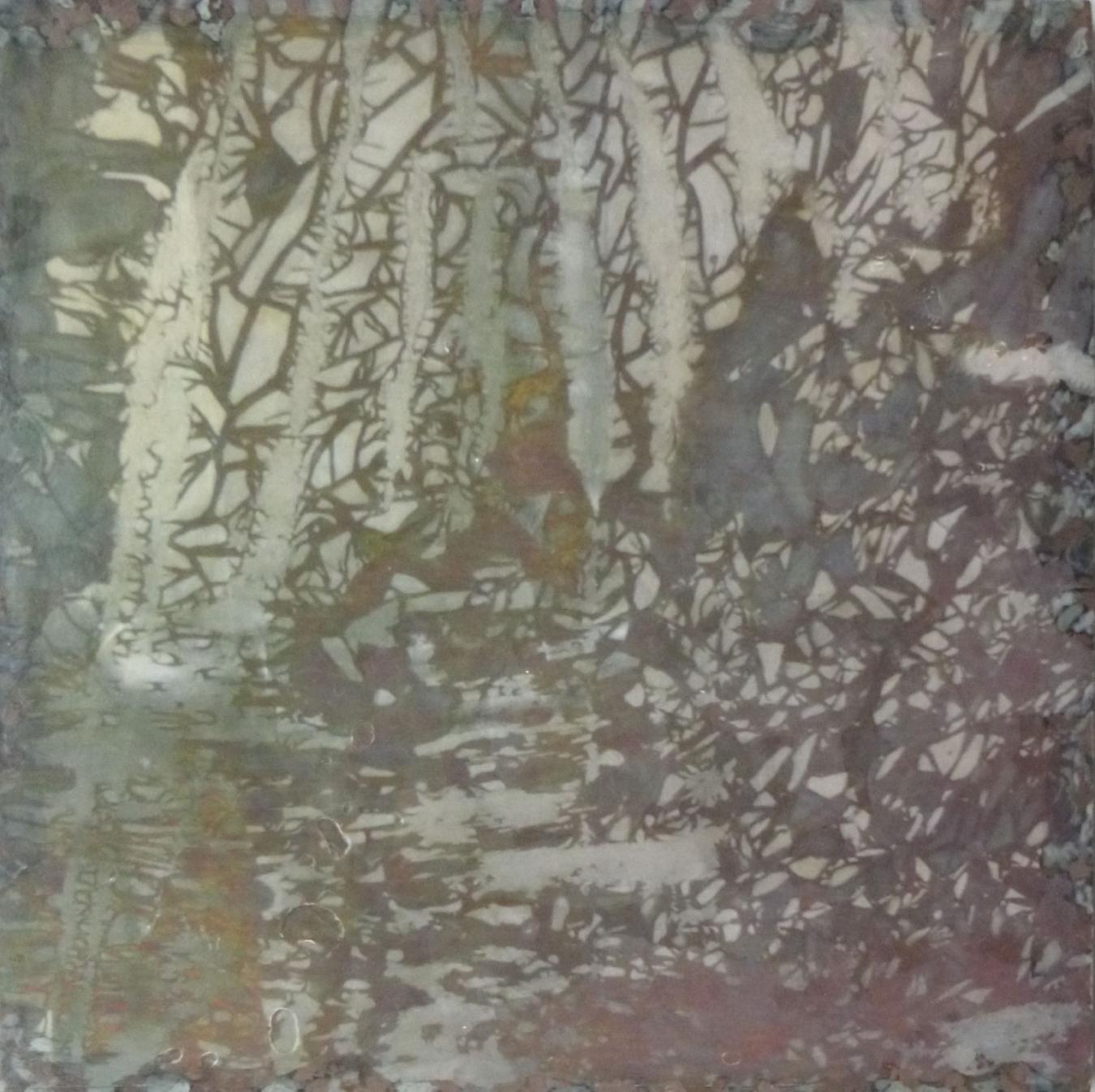 Eeva Kokki: Kulunut (2025, pigmentinsiirto ja akryyli levylle, 30 x 30 cm)