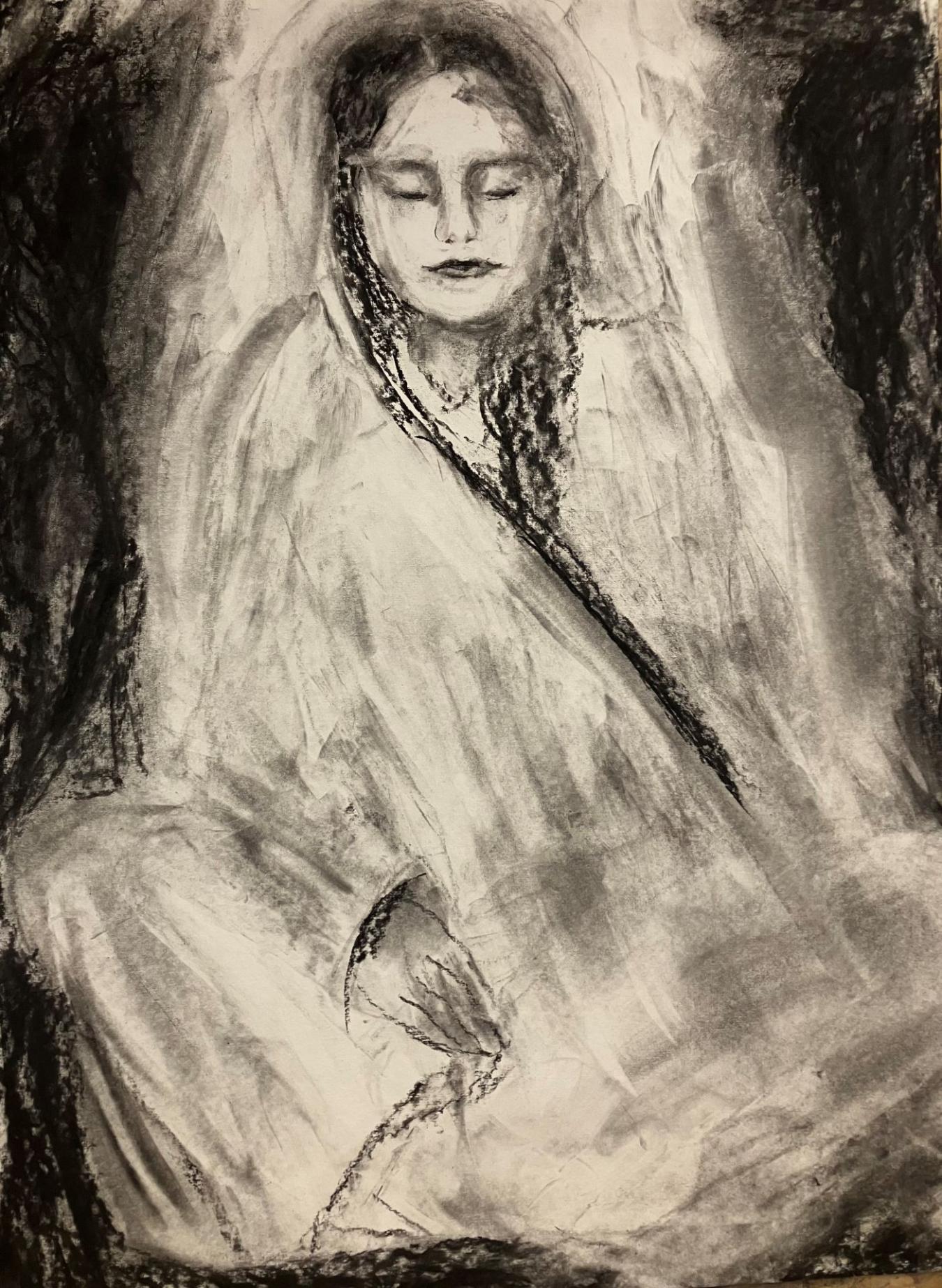 Vinha Jonna: Meditaatio – Valöörimaalaus (Meditation – Value Painting, charcoal on paper, 56 x 76 cm)