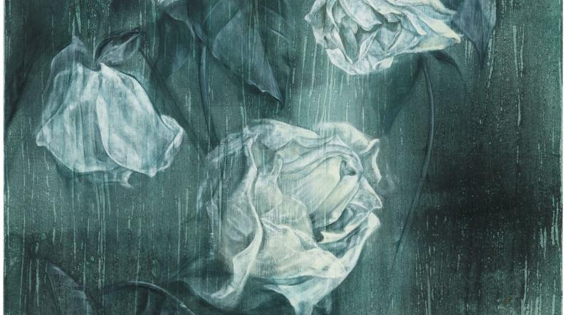 Sara Orava: Neljä valkoista ruusua | Four white roses (2021, tempera on canvas, 90 x 80 cm)