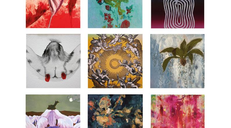 Some of the participating artists with their respective work from top left: Siiri Pohjolainen: Sarjasta Kyyneleet; Hanna Räty: Ruusuryijy; Antti Tanttu: Minervan arvoitus; Tuija Metti: Kukin meistä; Rita Vargas: Air; Krista Kortelainen: Kasvuvoima; Meri Hallenberg: Yötön yö; Terhi Ketolainen: Viimeiset kiusaukset, and Laura Kansanen-Stavale: Punaisen muisti