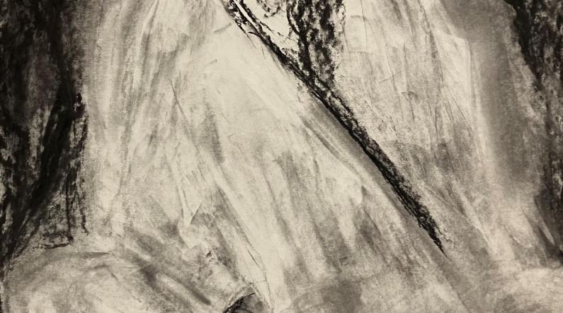 Vinha Jonna: Meditaatio – Valöörimaalaus (Meditation – Value Painting, charcoal on paper, 56 x 76 cm)