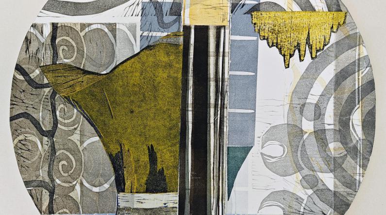 Taina Kokkonen: Sarjasta 'Maamerkkejä' (From the series 'Landmarks', 2026, relief printing and collage, 46 x 46 cm, framed size 60 x 60 cm)